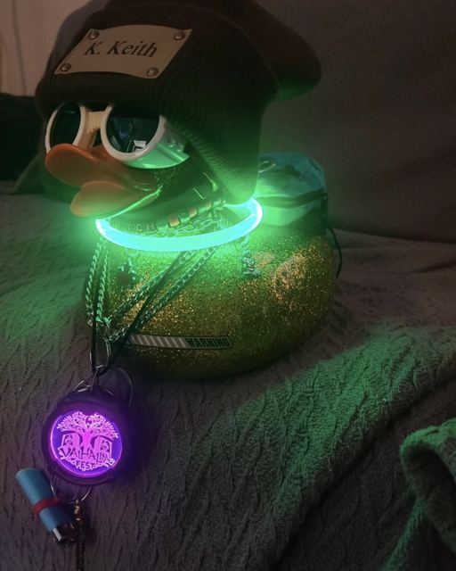 Side view of the glitter duck with his glowing collar and badge lit purple