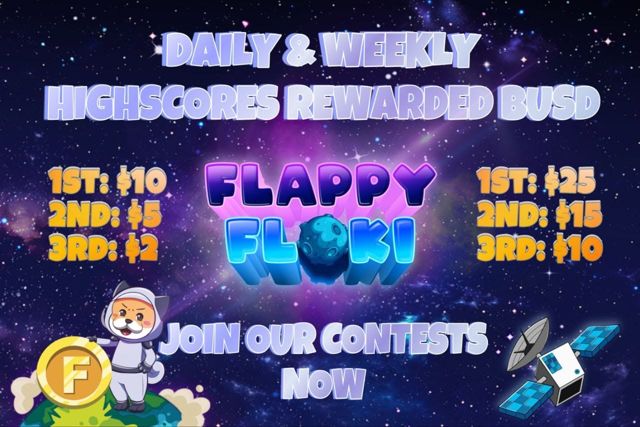 Promo graphic: daily and weekly high scores rewarded in BUSD. Daily prizes 10, 5 and 2 dollars; weekly prizes 25, 15 and 10 dollars.