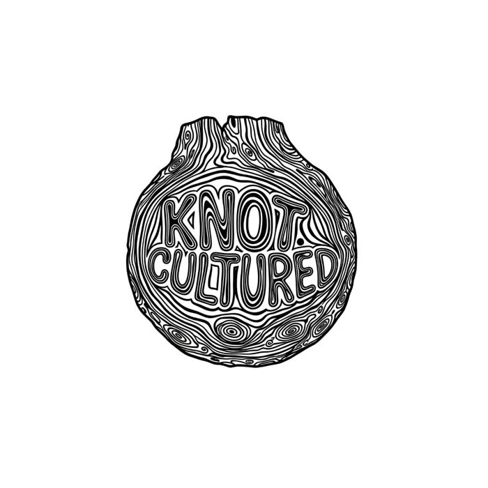 Knot Cultured logo: the words hand-lettered inside a round slice of wood with swirling grain and knots